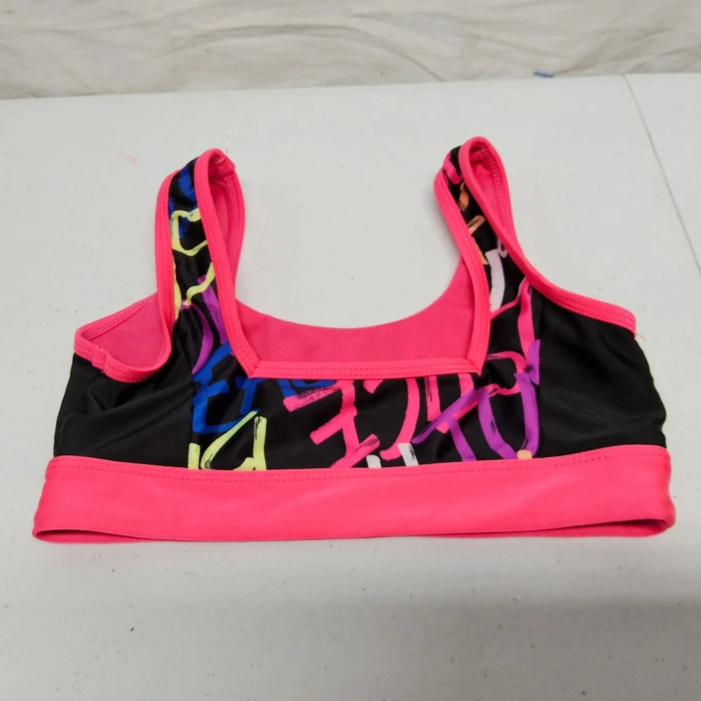 Justice Bikini Top Girls Size S 7/8 Black Pink Neon Graffiti Beach Sporty